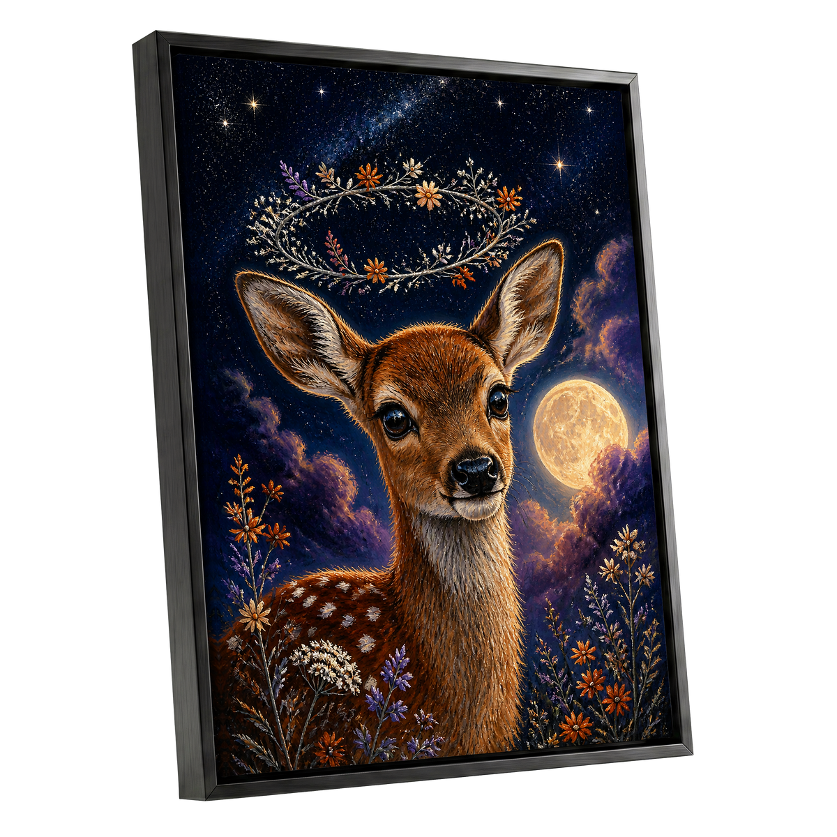 Starlit Fawn Halo, blue, brown, gold nature wall art shown as a black framed canvas wall art