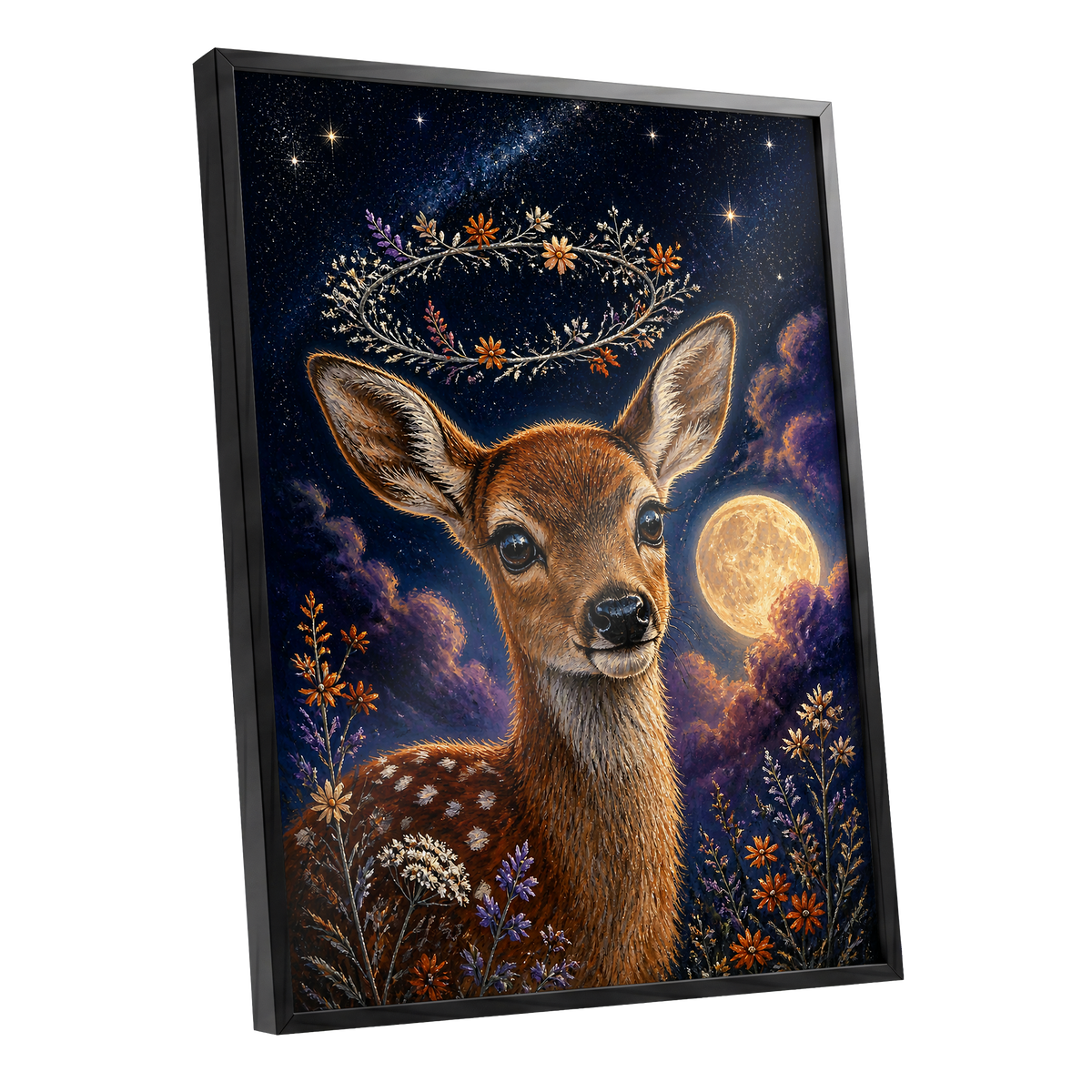 Starlit Fawn Halo, blue, brown, gold nature wall art shown as a black framed poster wall art print