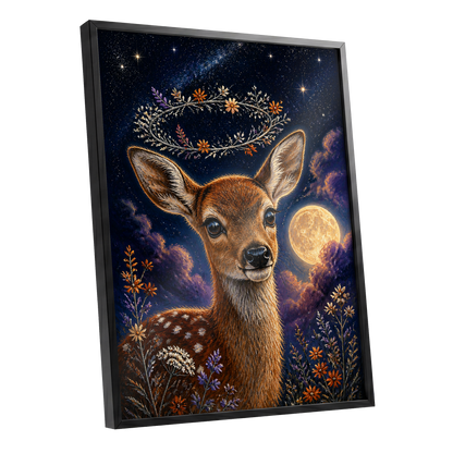 Starlit Fawn Halo, blue, brown, gold nature wall art shown as a black framed poster wall art print
