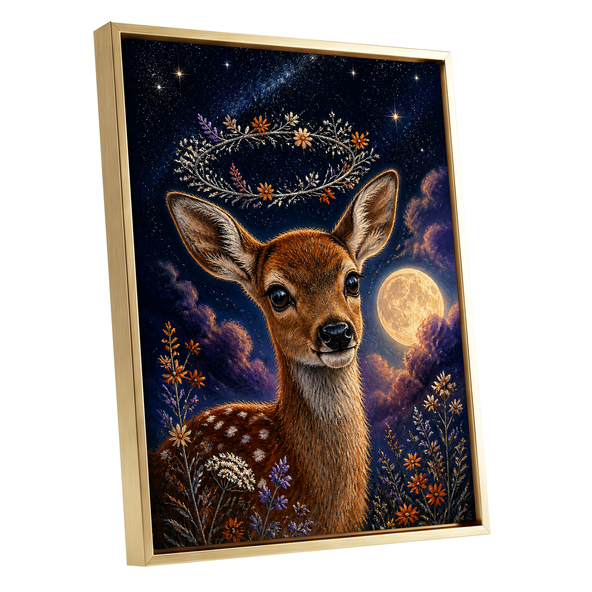 Starlit Fawn Halo, blue, brown, gold nature wall art shown as a gold framed canvas wall art