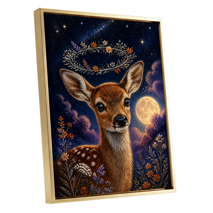 Starlit Fawn Halo, blue, brown, gold nature wall art shown as a gold framed canvas wall art