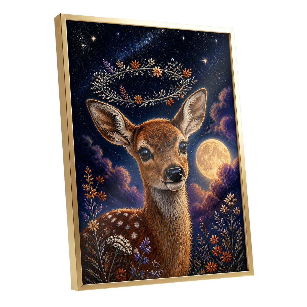 Starlit Fawn Halo, blue, brown, gold nature wall art shown as a gold framed poster wall art print