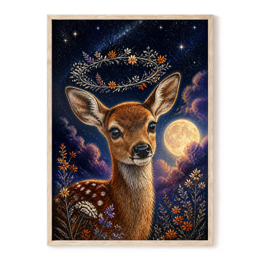 Starlit Fawn Halo, blue, brown, gold nature wall art, front artwork view