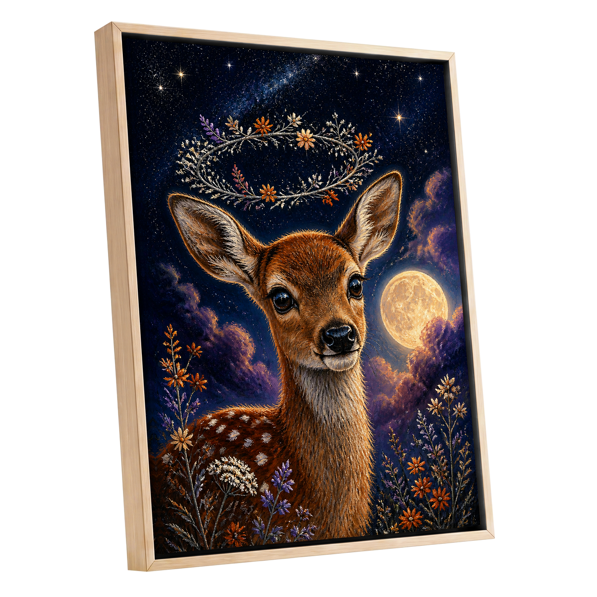 Starlit Fawn Halo, blue, brown, gold nature wall art shown as a oak framed canvas wall art