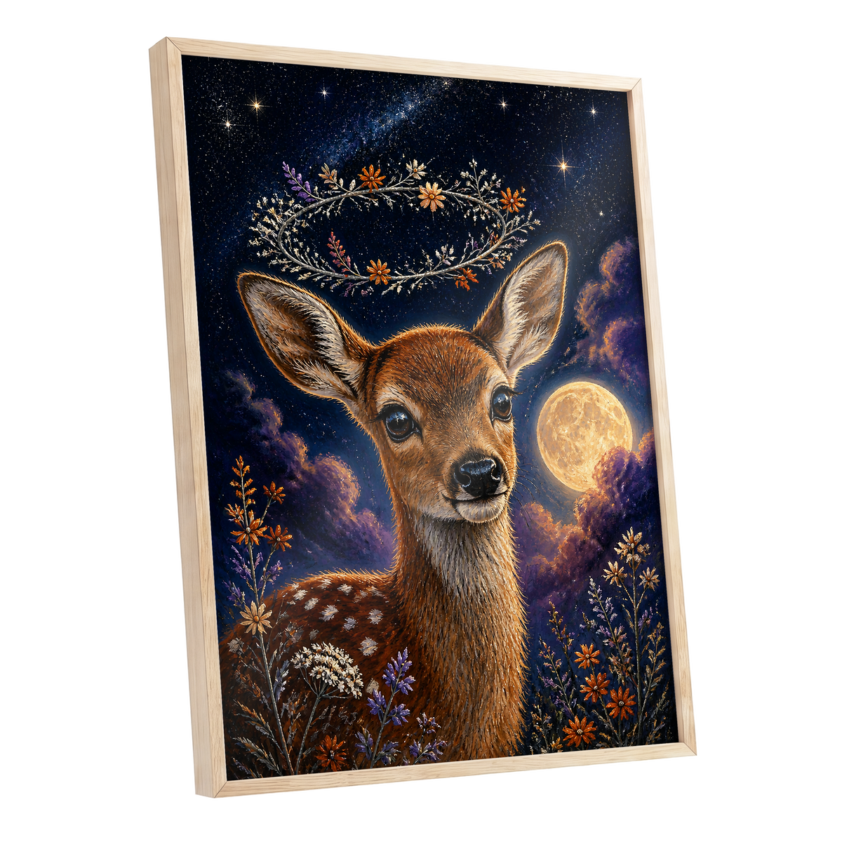 Starlit Fawn Halo, blue, brown, gold nature wall art shown as a oak framed poster wall art print