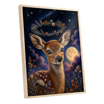 Starlit Fawn Halo, blue, brown, gold nature wall art shown as a oak framed poster wall art print