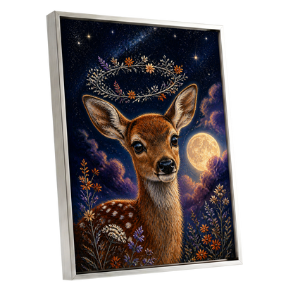 Starlit Fawn Halo, blue, brown, gold nature wall art shown as a silver framed canvas wall art