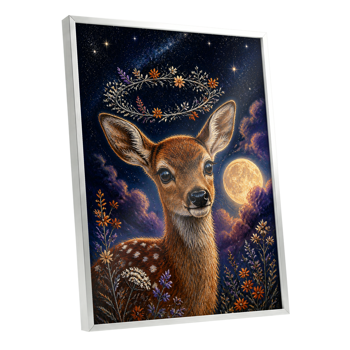 Starlit Fawn Halo, blue, brown, gold nature wall art shown as a silver framed poster wall art print