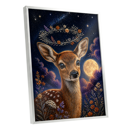 Starlit Fawn Halo, blue, brown, gold nature wall art shown as a silver framed poster wall art print
