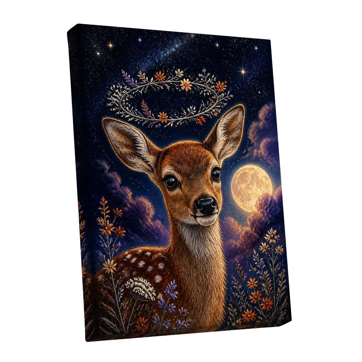 Starlit Fawn Halo, blue, brown, gold nature wall art shown as a stretched canvas wall art