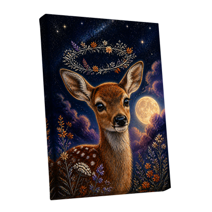 Starlit Fawn Halo, blue, brown, gold nature wall art shown as a stretched canvas wall art