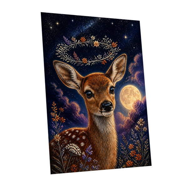 Starlit Fawn Halo, blue, brown, gold nature wall art shown as a unframed poster wall art print