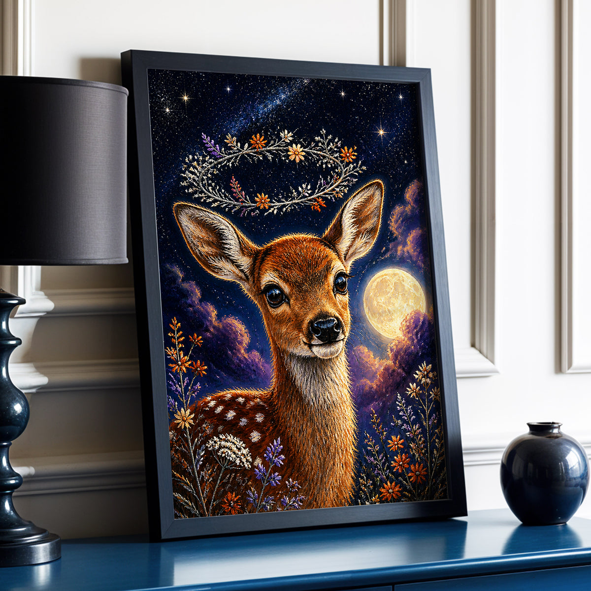 Starlit Fawn Halo, blue, brown, gold nature wall art displayed in a styled interior, gallery view 2