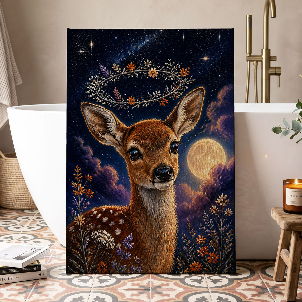 Starlit Fawn Halo, blue, brown, gold nature wall art displayed in a styled interior, gallery view 3