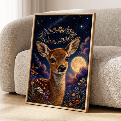 Starlit Fawn Halo, blue, brown, gold nature wall art displayed in a styled interior, gallery view 4