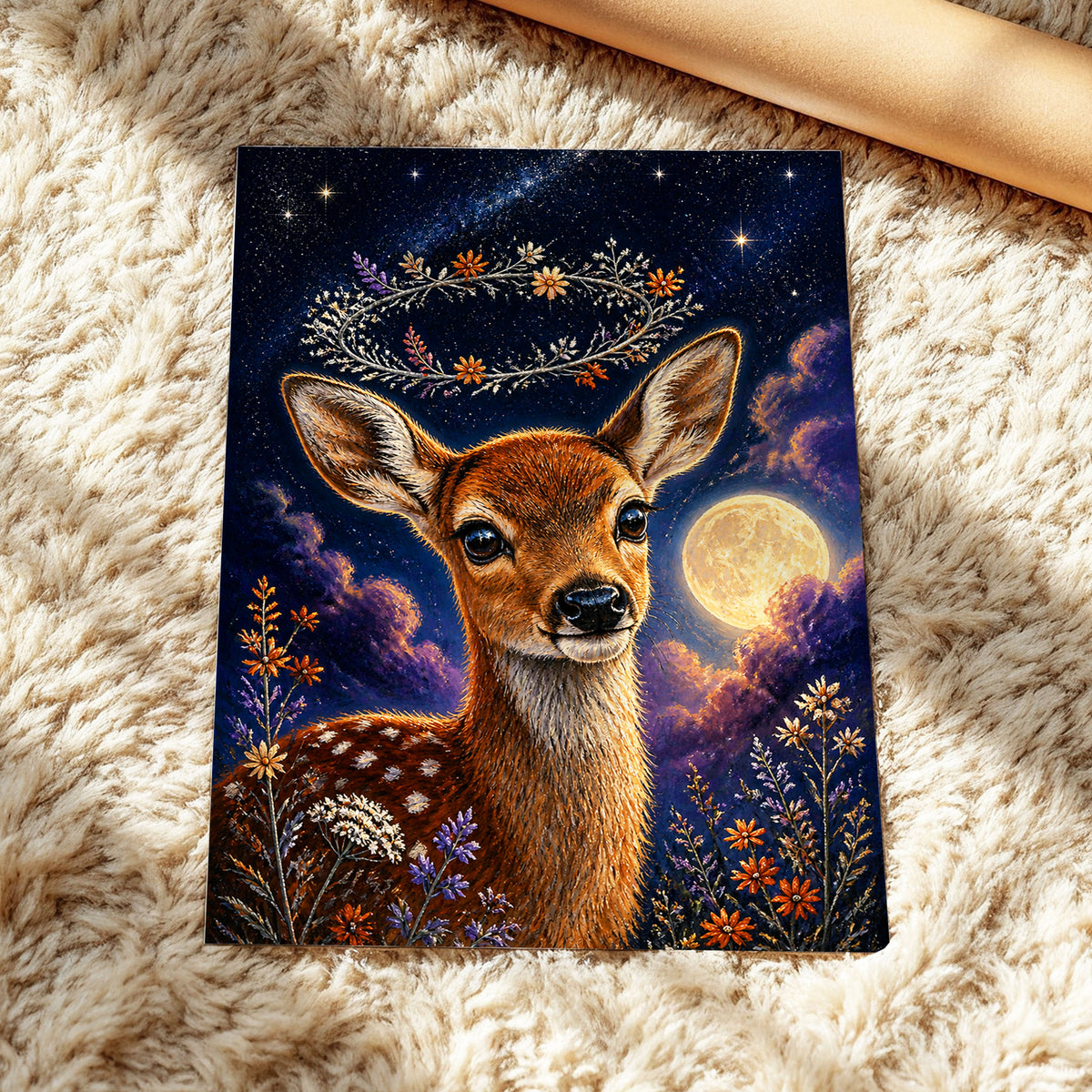 Starlit Fawn Halo, blue, brown, gold nature wall art displayed in a styled interior, gallery view 5