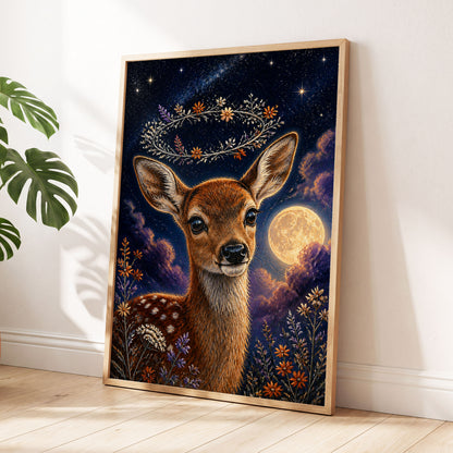 Starlit Fawn Halo, blue, brown, gold nature wall art displayed in a styled interior, gallery view 6