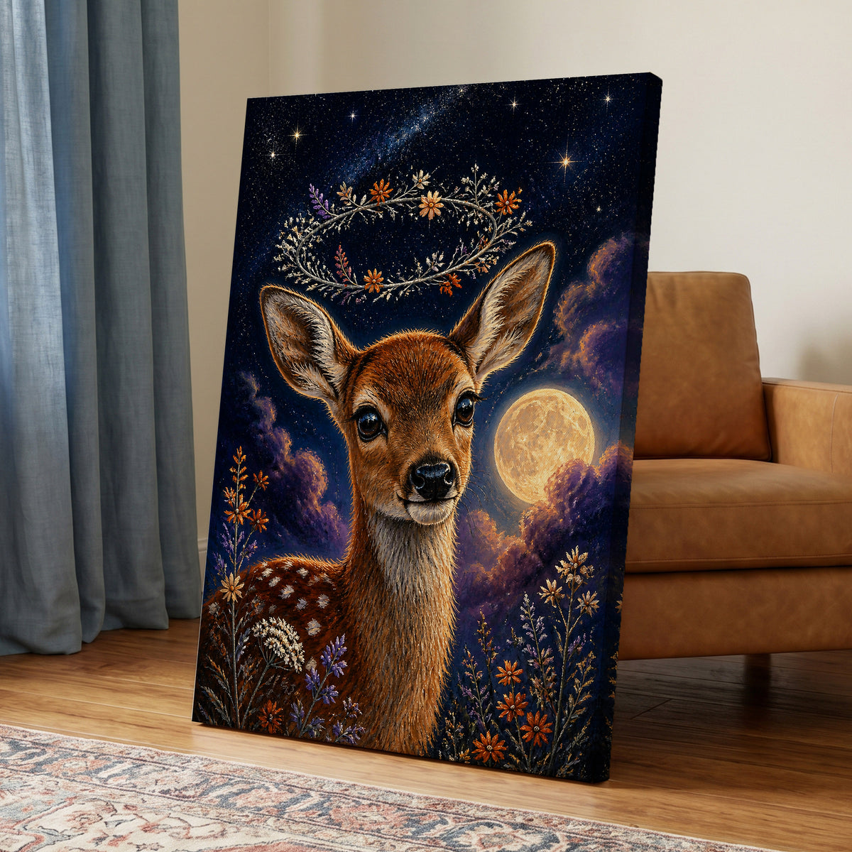 Starlit Fawn Halo, blue, brown, gold nature wall art displayed in a styled interior, gallery view 7