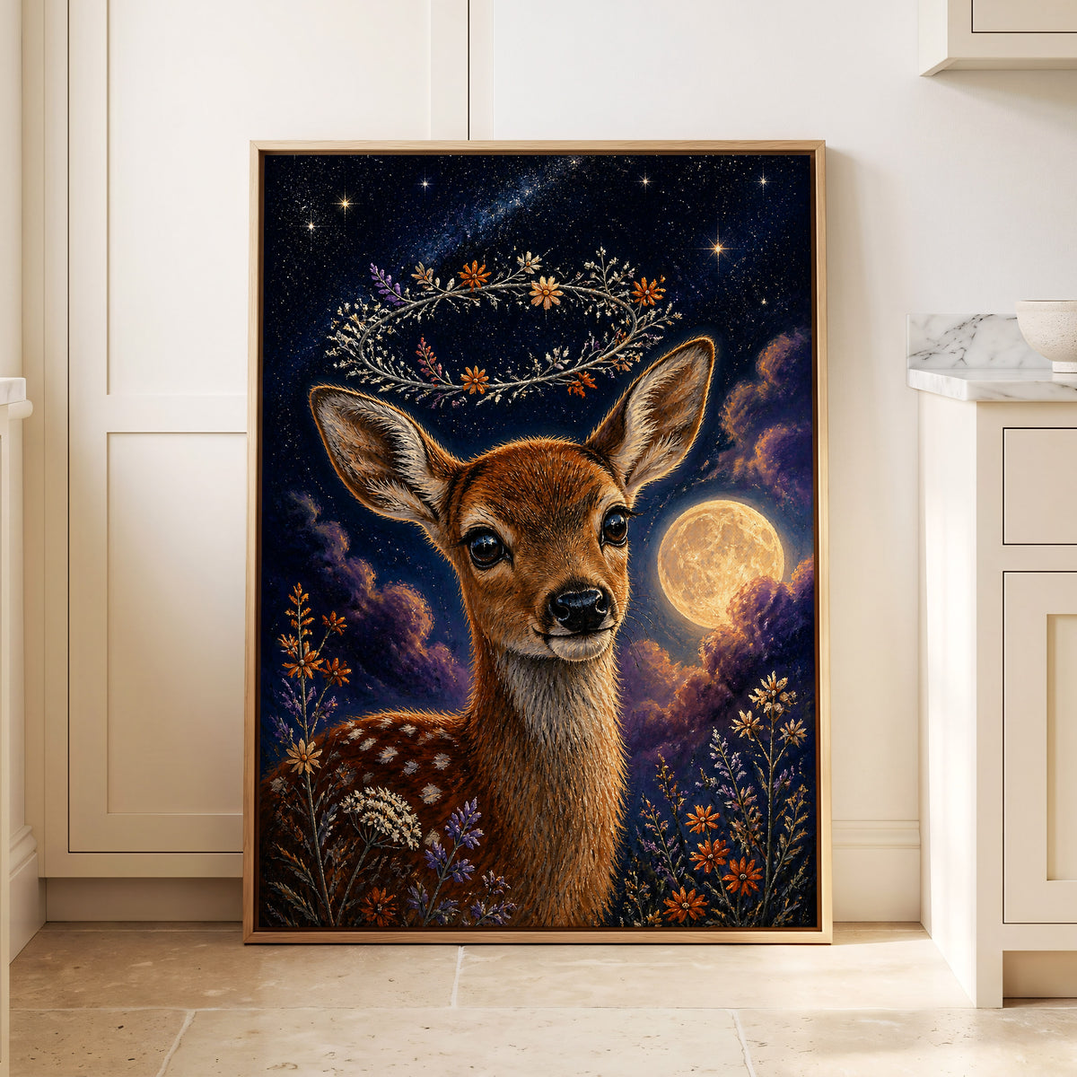 Starlit Fawn Halo, blue, brown, gold nature wall art displayed in a styled interior, gallery view 8