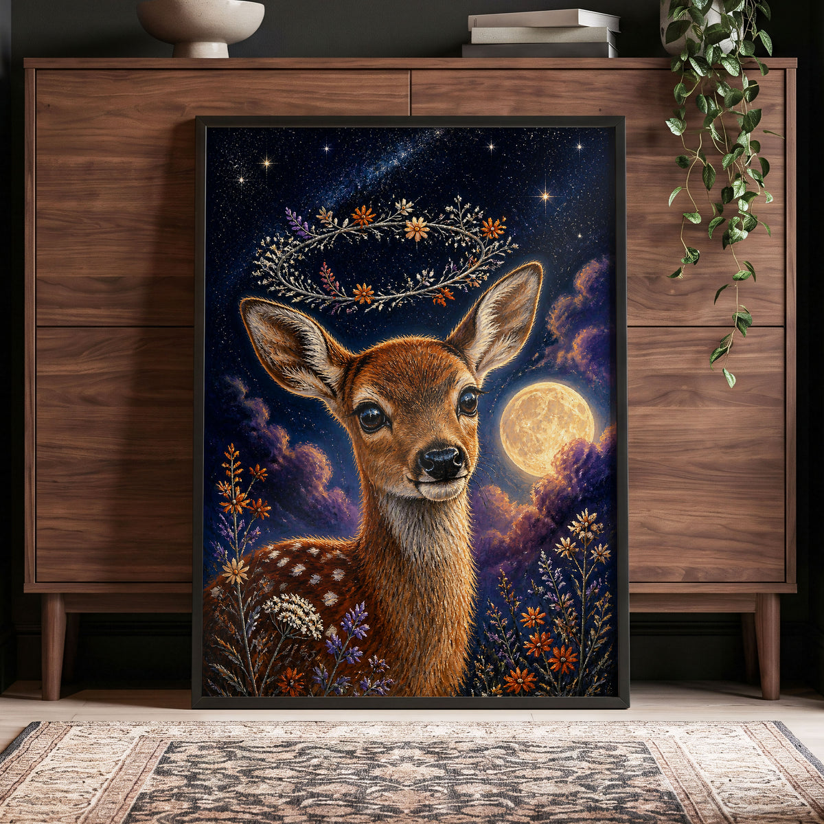 Starlit Fawn Halo, blue, brown, gold nature wall art displayed in a styled interior, gallery view 9