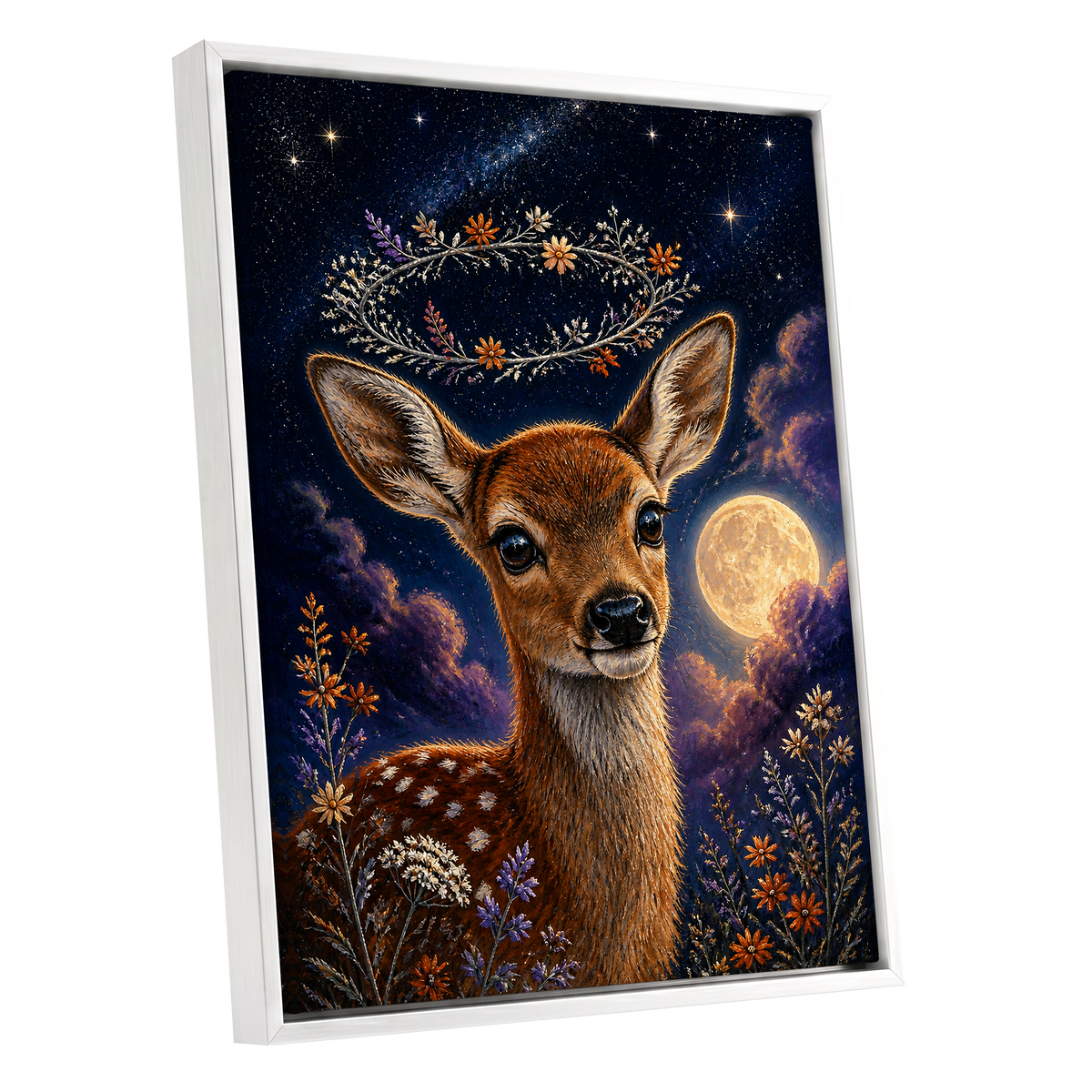 Starlit Fawn Halo, blue, brown, gold nature wall art shown as a white framed canvas wall art