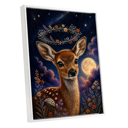 Starlit Fawn Halo, blue, brown, gold nature wall art shown as a white framed canvas wall art