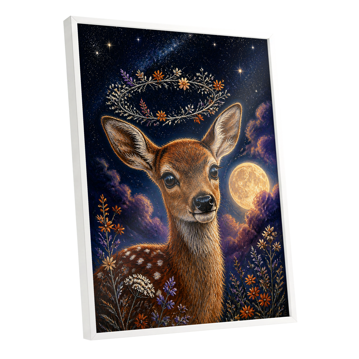 Starlit Fawn Halo, blue, brown, gold nature wall art shown as a white framed poster wall art print