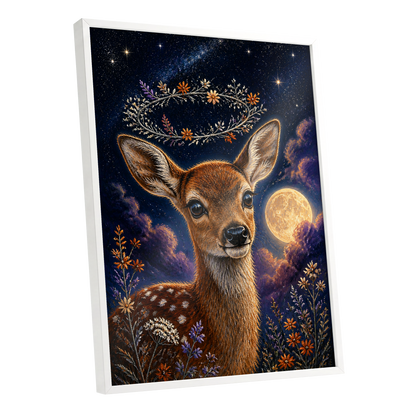Starlit Fawn Halo, blue, brown, gold nature wall art shown as a white framed poster wall art print