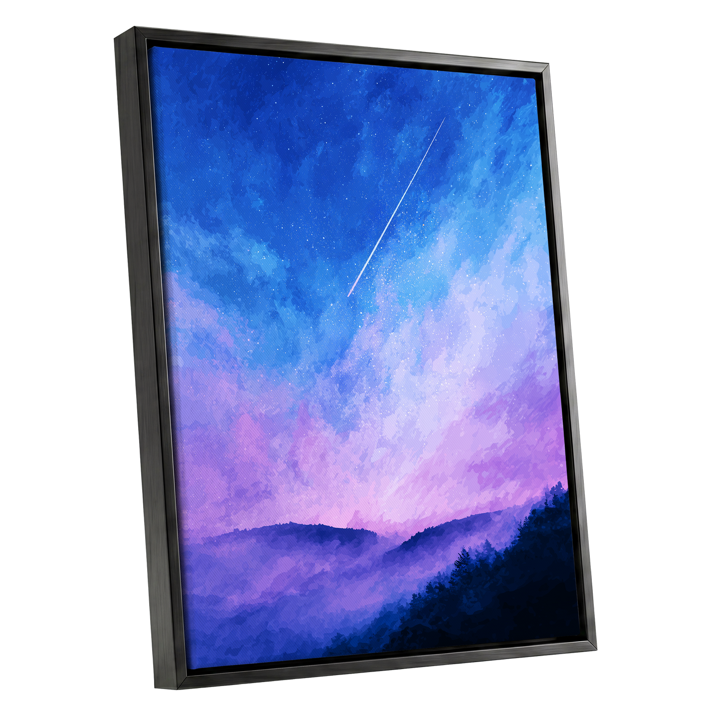 Starlit Lavender Horizon, blue, purple, pink nature wall art shown as a black framed canvas wall art