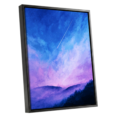 Starlit Lavender Horizon, blue, purple, pink nature wall art shown as a black framed canvas wall art