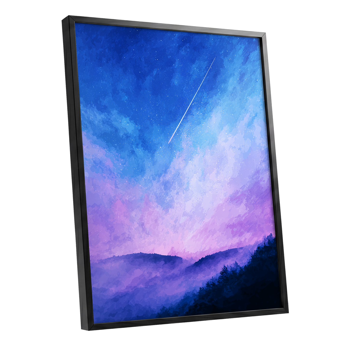 Starlit Lavender Horizon, blue, purple, pink nature wall art shown as a black framed poster wall art print