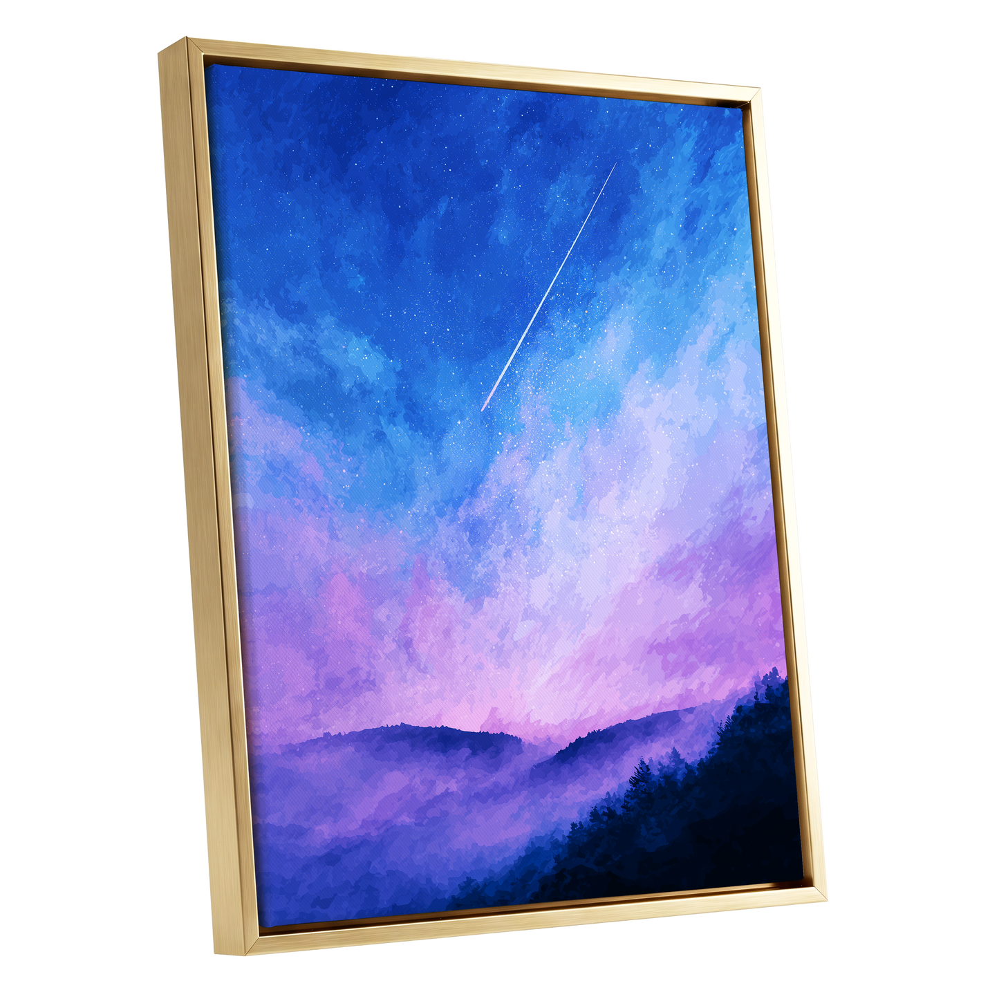 Starlit Lavender Horizon, blue, purple, pink nature wall art shown as a gold framed canvas wall art