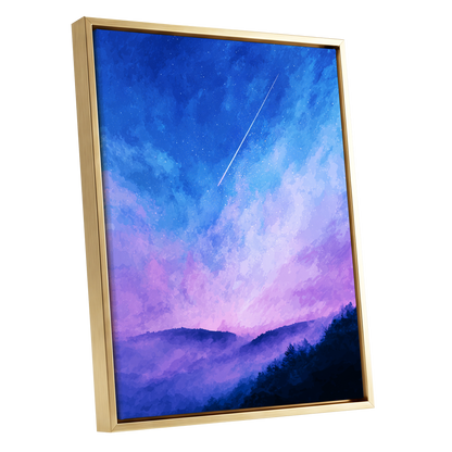 Starlit Lavender Horizon, blue, purple, pink nature wall art shown as a gold framed canvas wall art