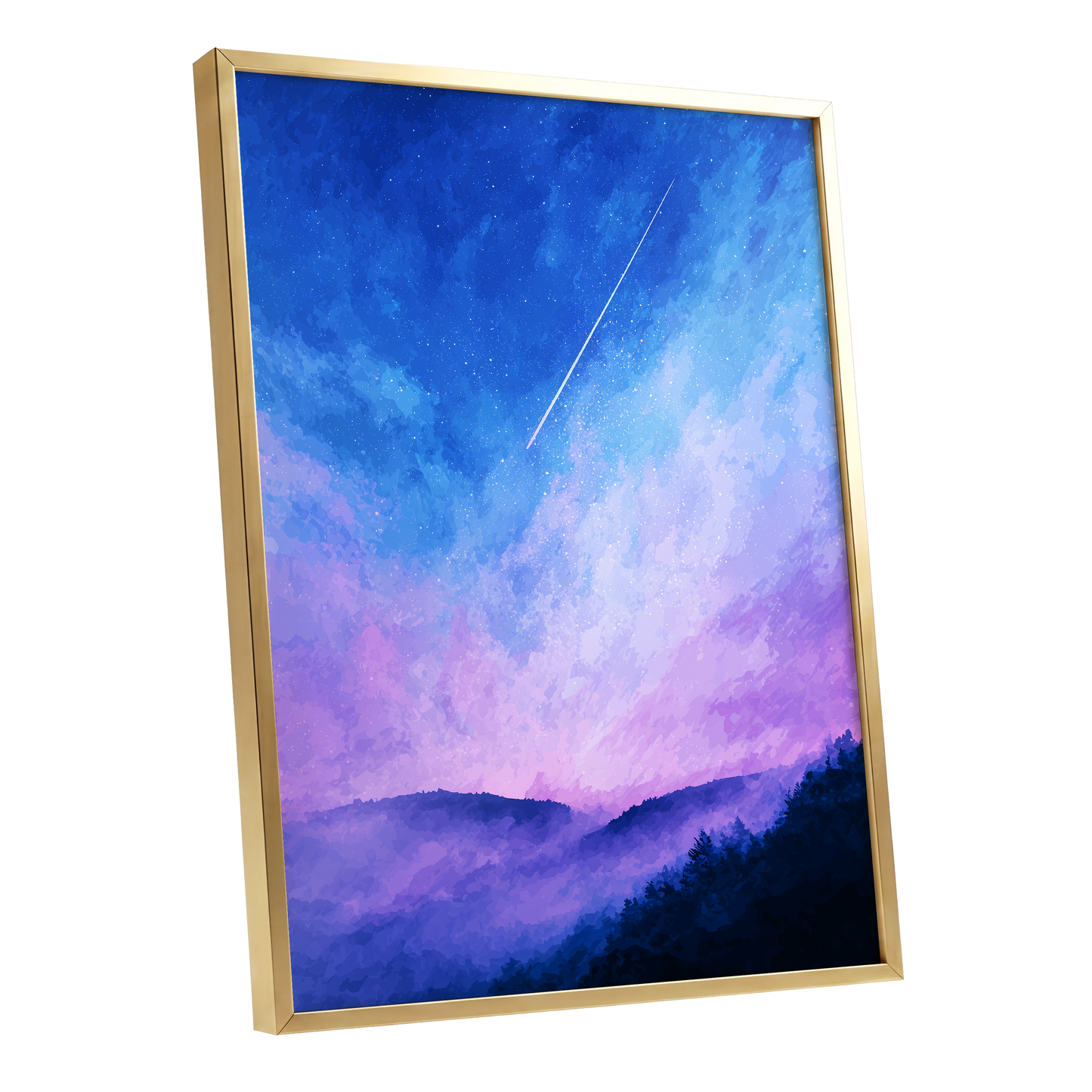 Starlit Lavender Horizon, blue, purple, pink nature wall art shown as a gold framed poster wall art print
