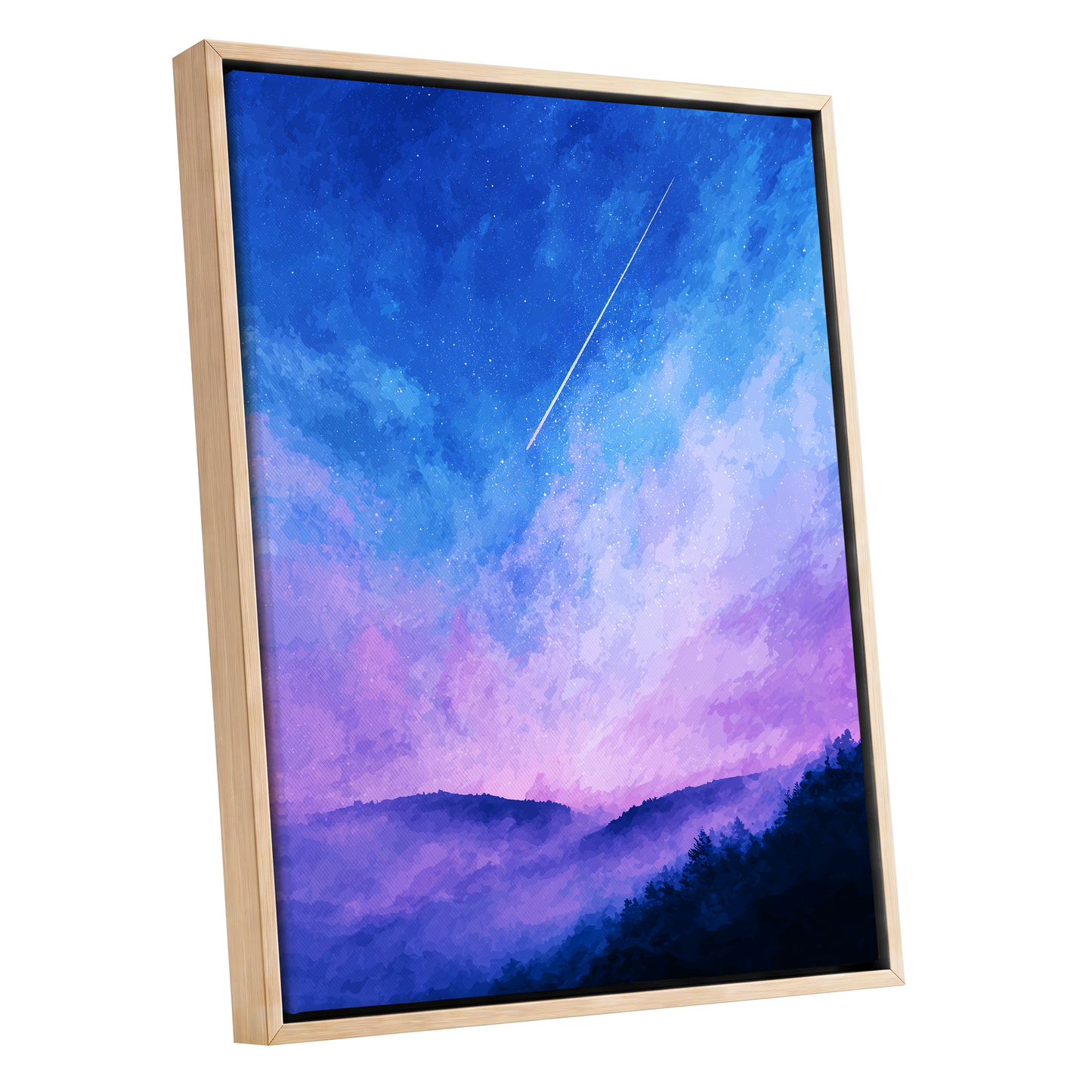 Starlit Lavender Horizon, blue, purple, pink nature wall art shown as a oak framed canvas wall art