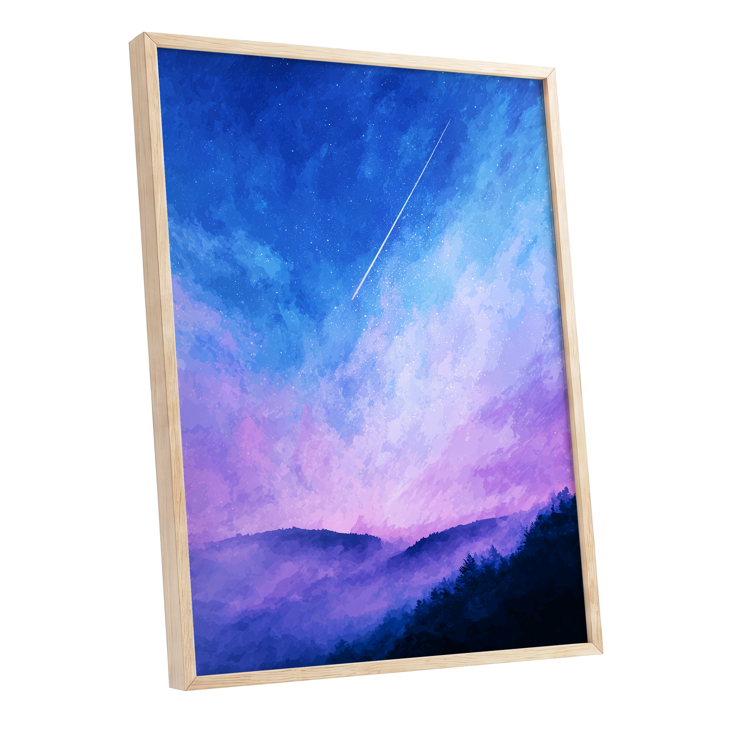 Starlit Lavender Horizon, blue, purple, pink nature wall art shown as a oak framed poster wall art print