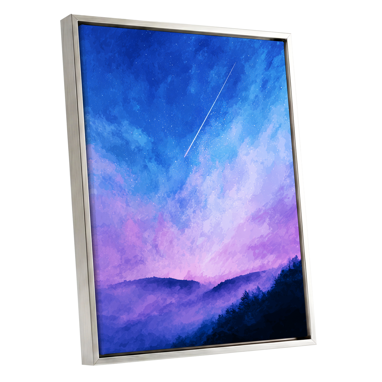 Starlit Lavender Horizon, blue, purple, pink nature wall art shown as a silver framed canvas wall art