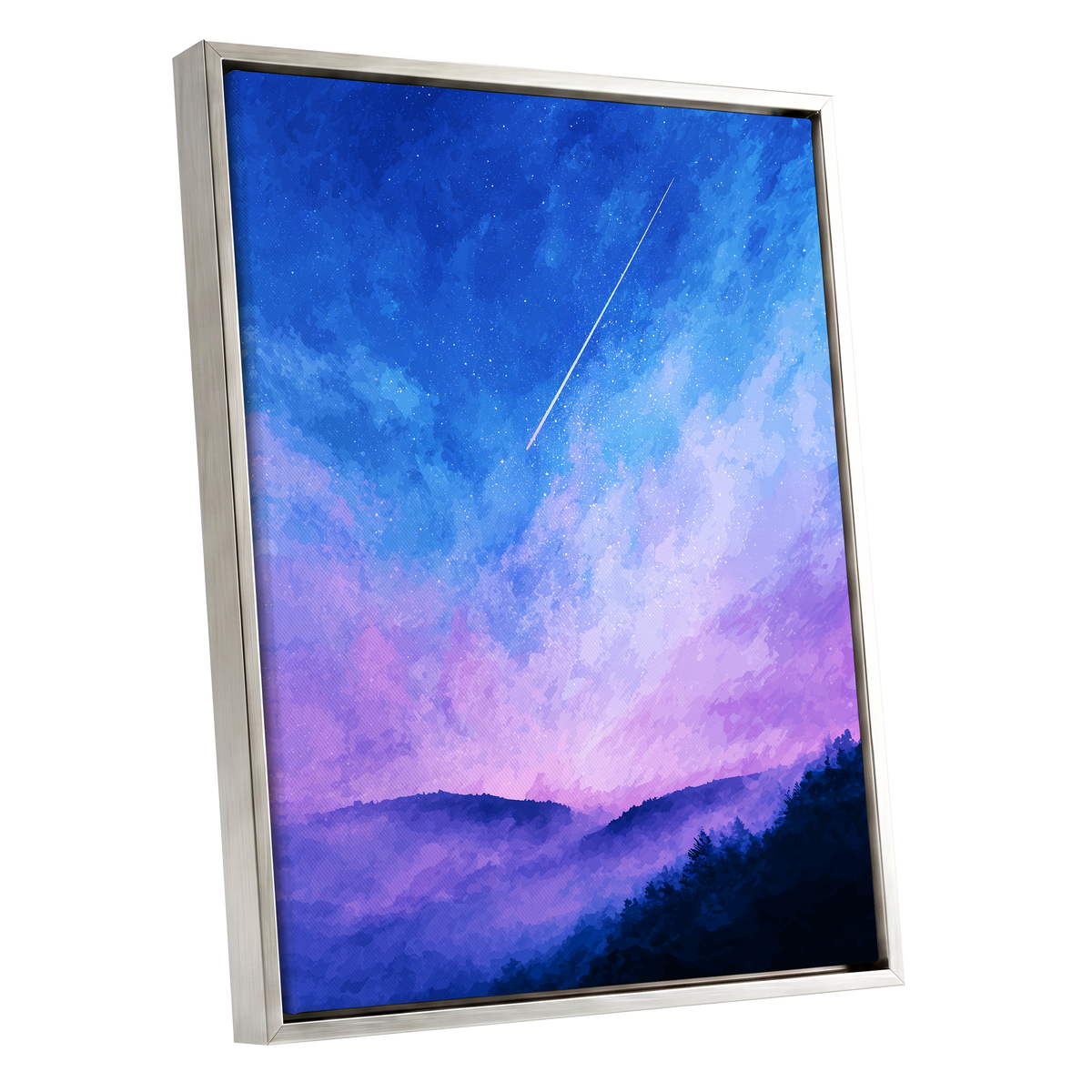 Starlit Lavender Horizon, blue, purple, pink nature wall art shown as a silver framed canvas wall art