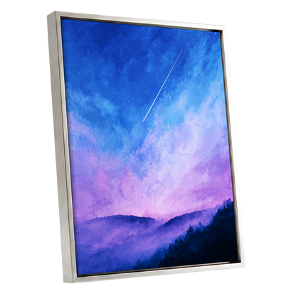 Starlit Lavender Horizon, blue, purple, pink nature wall art shown as a silver framed canvas wall art