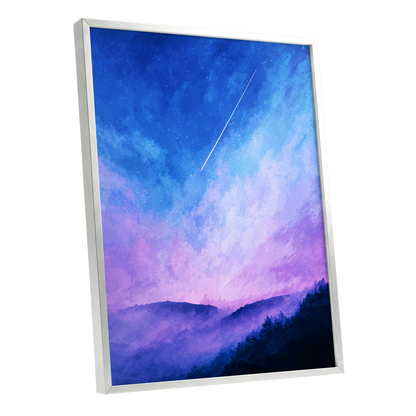 Starlit Lavender Horizon, blue, purple, pink nature wall art shown as a silver framed poster wall art print