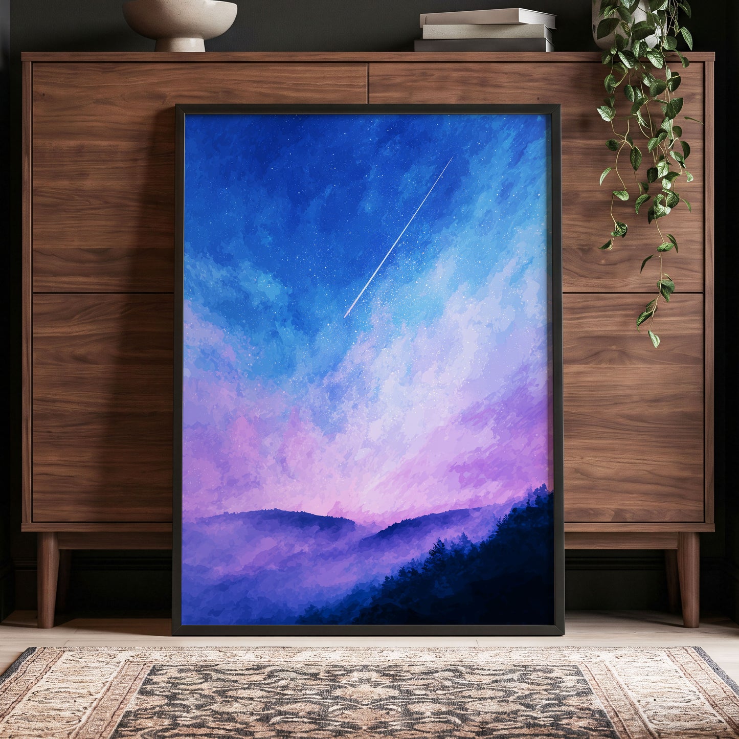 Starlit Lavender Horizon, blue, purple, pink nature wall art displayed in a styled interior, gallery view 2