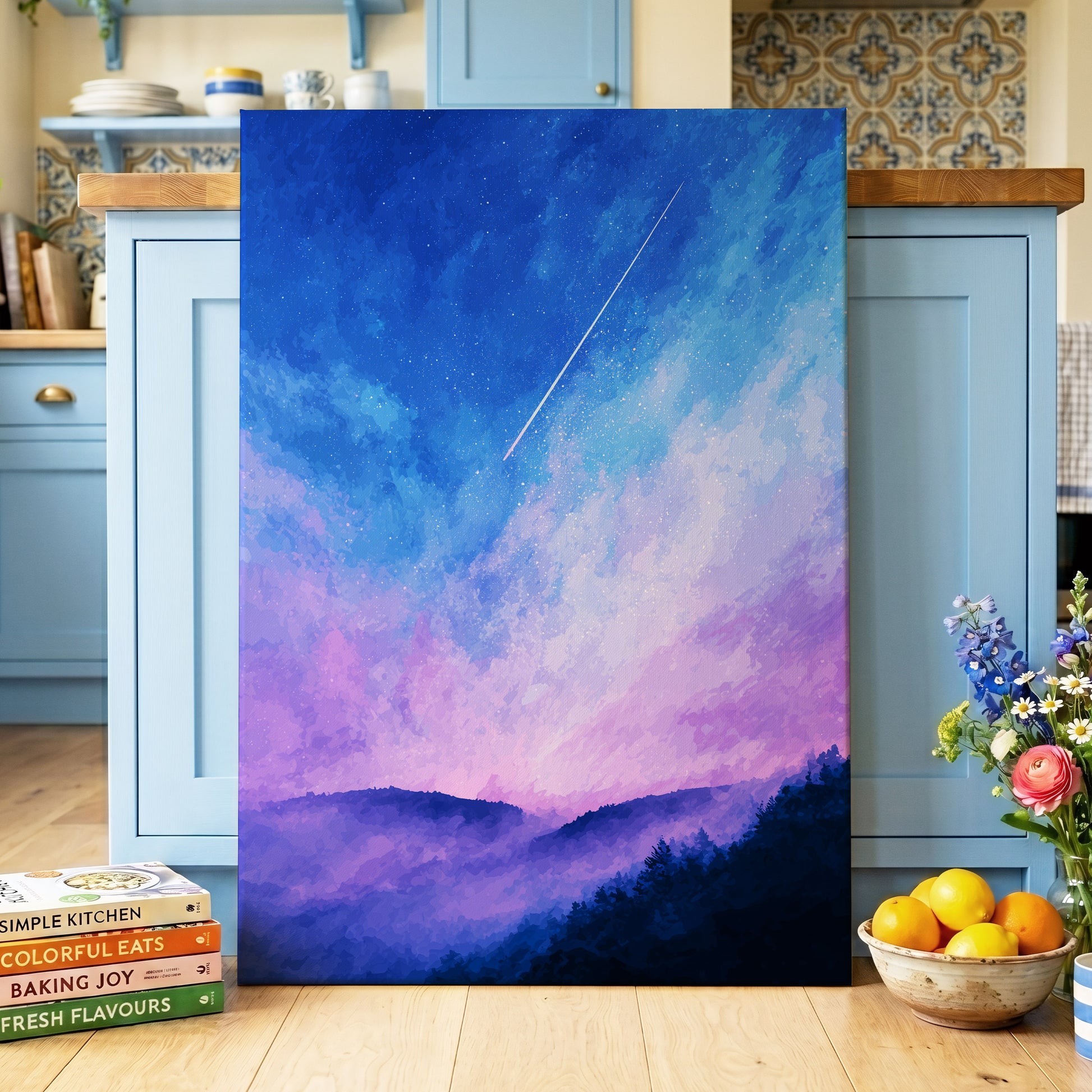 Starlit Lavender Horizon, blue, purple, pink nature wall art displayed in a styled interior, gallery view 3