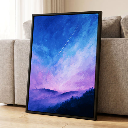 Starlit Lavender Horizon, blue, purple, pink nature wall art displayed in a styled interior, gallery view 4