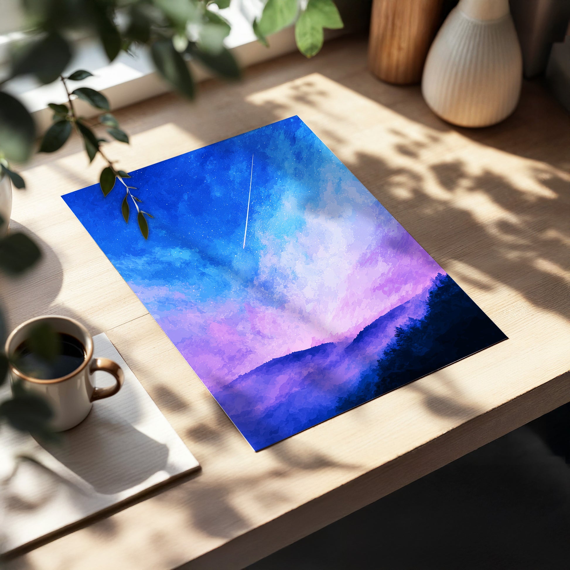 Starlit Lavender Horizon, blue, purple, pink nature wall art displayed in a styled interior, gallery view 5