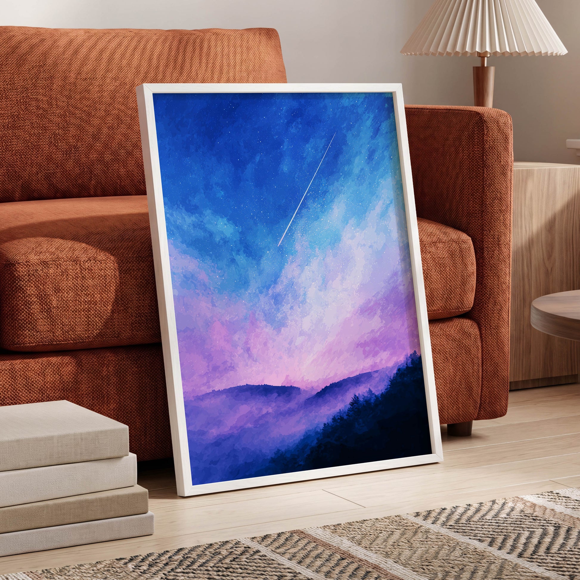 Starlit Lavender Horizon, blue, purple, pink nature wall art displayed in a styled interior, gallery view 6