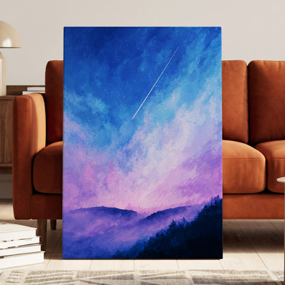 Starlit Lavender Horizon, blue, purple, pink nature wall art displayed in a styled interior, gallery view 7