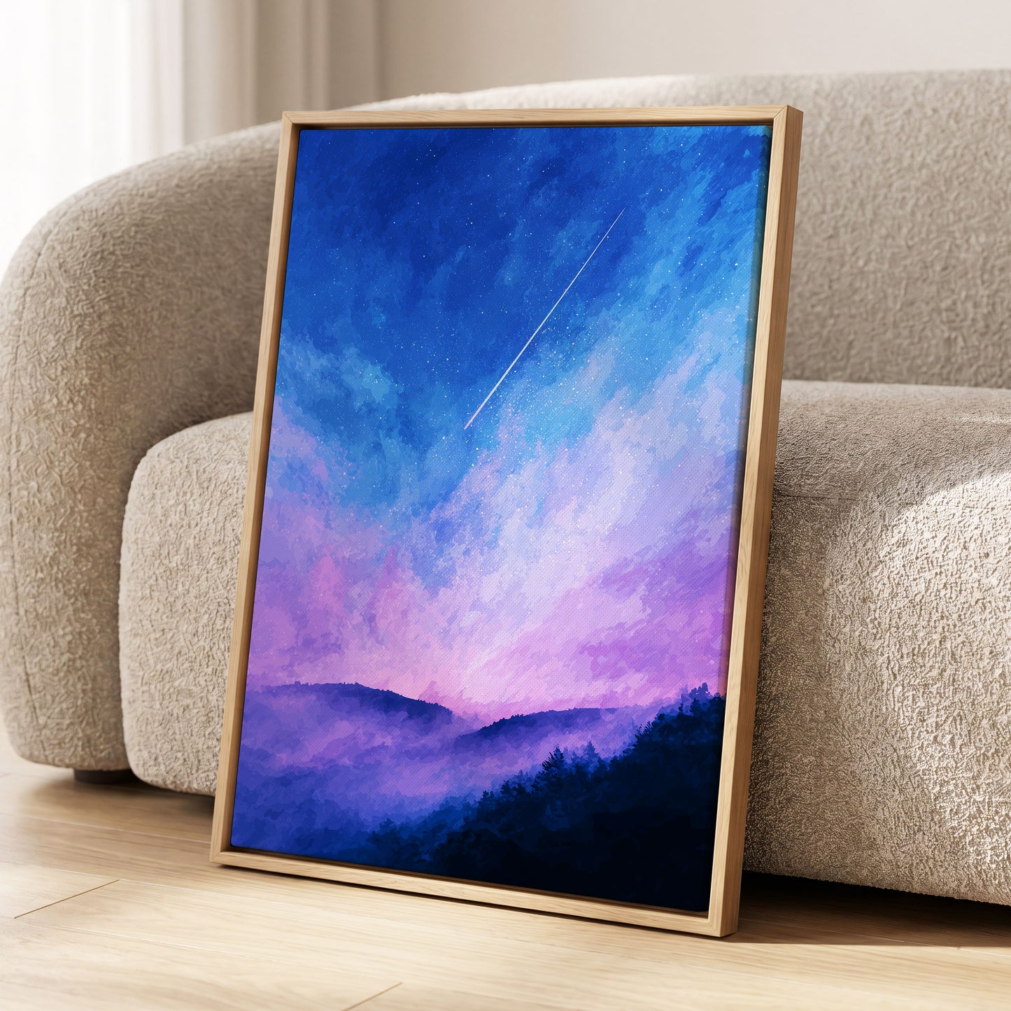 Starlit Lavender Horizon, blue, purple, pink nature wall art displayed in a styled interior, gallery view 8