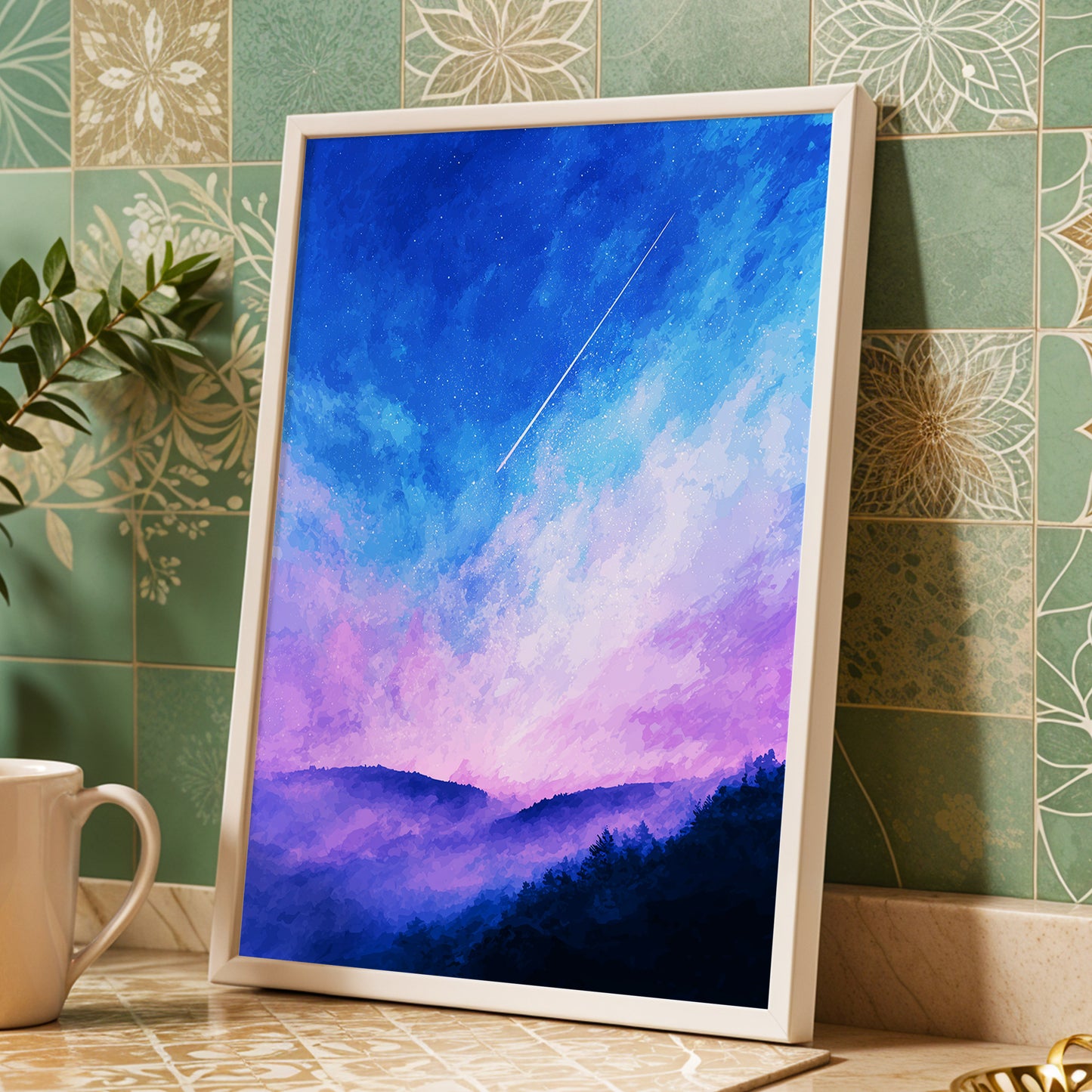 Starlit Lavender Horizon, blue, purple, pink nature wall art displayed in a styled interior, gallery view 9