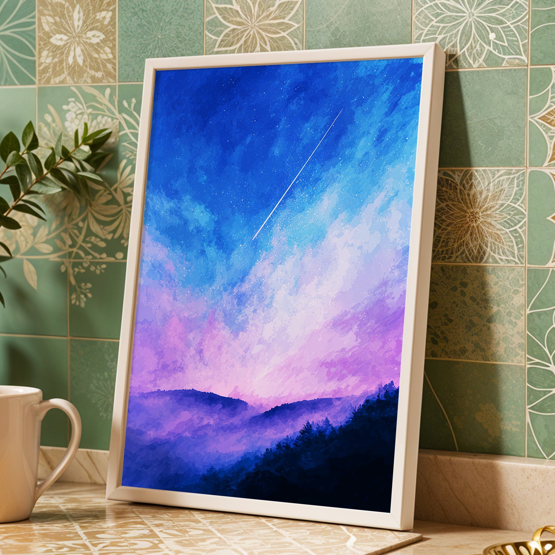 Starlit Lavender Horizon, blue, purple, pink nature wall art displayed in a styled interior, gallery view 9