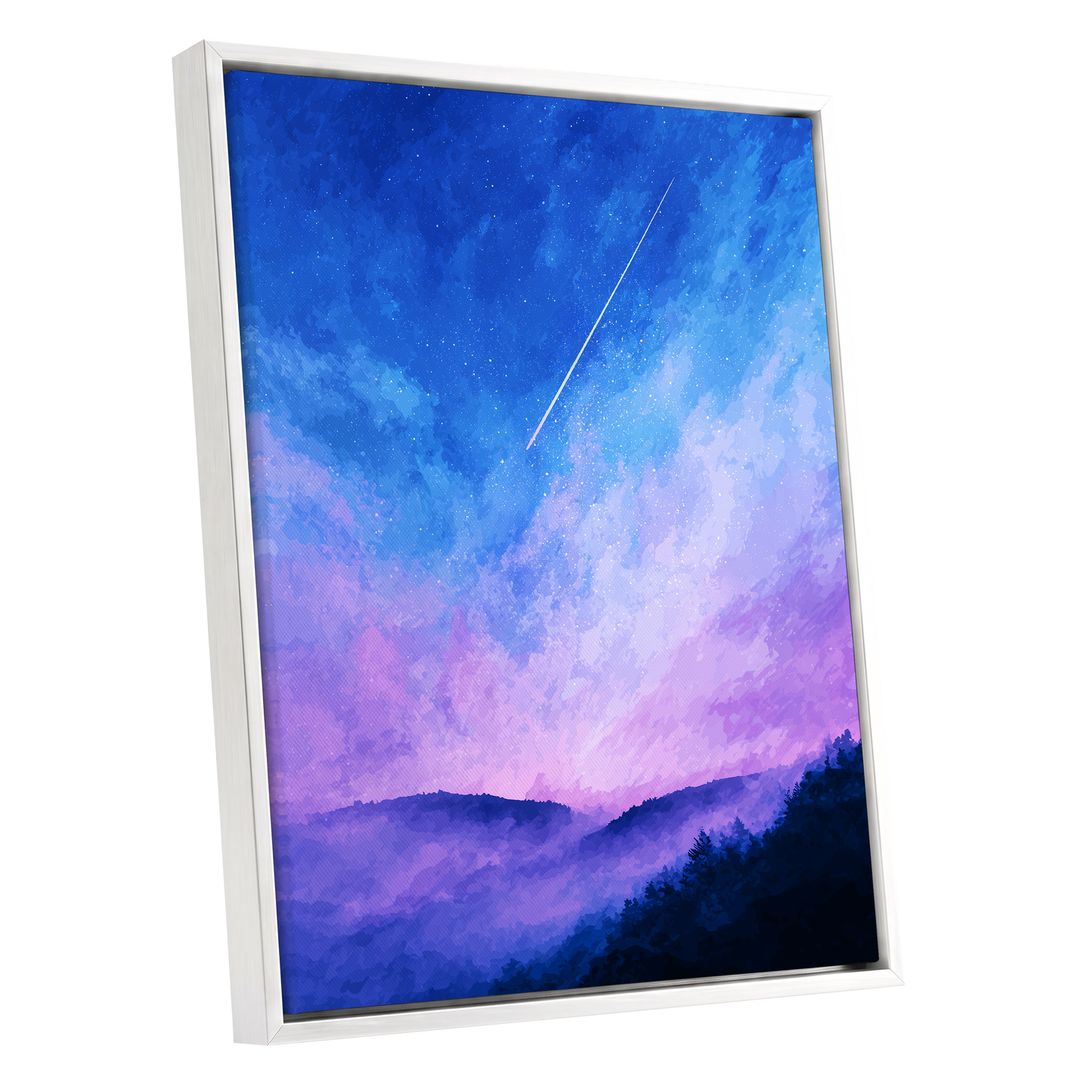 Starlit Lavender Horizon, blue, purple, pink nature wall art shown as a white framed canvas wall art